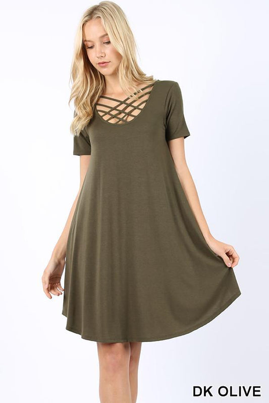Dk Olive Criss Cross Breezy Short Dress