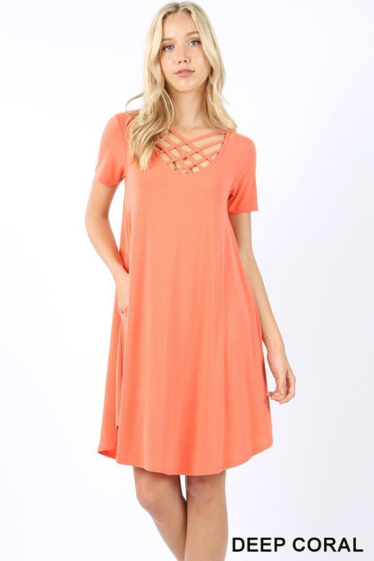 Deep Coral Criss Cross Breezy Short Dress
